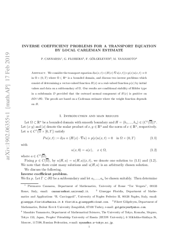 (PDF) Inverse coefficient problems for a transport equation by local ...