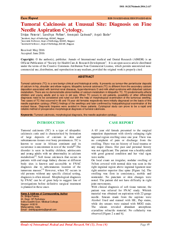 (PDF) Tumoral Calcinosis at Unusual Site: Diagnosis on Fine Needle ...
