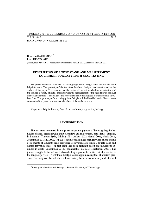 (PDF) Description of a test stand and measurement equipment for ...