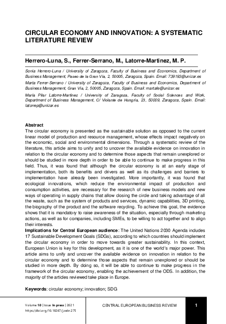 (PDF) Circular Economy and Innovation: A Systematic Literature Review