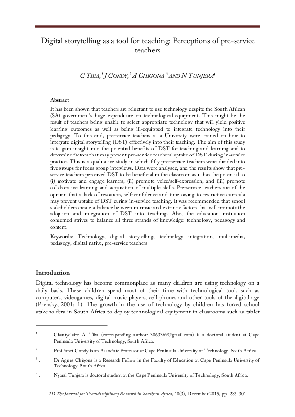 (PDF) Digital storytelling as a tool for teaching: Perceptions of pre ...
