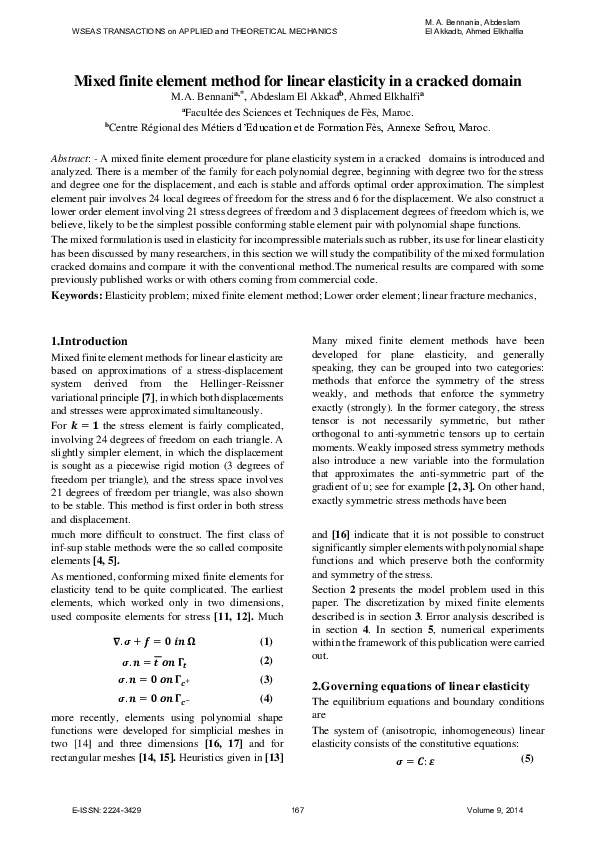 (PDF) Mixed finite element method for linear elasticity in a cracked domain