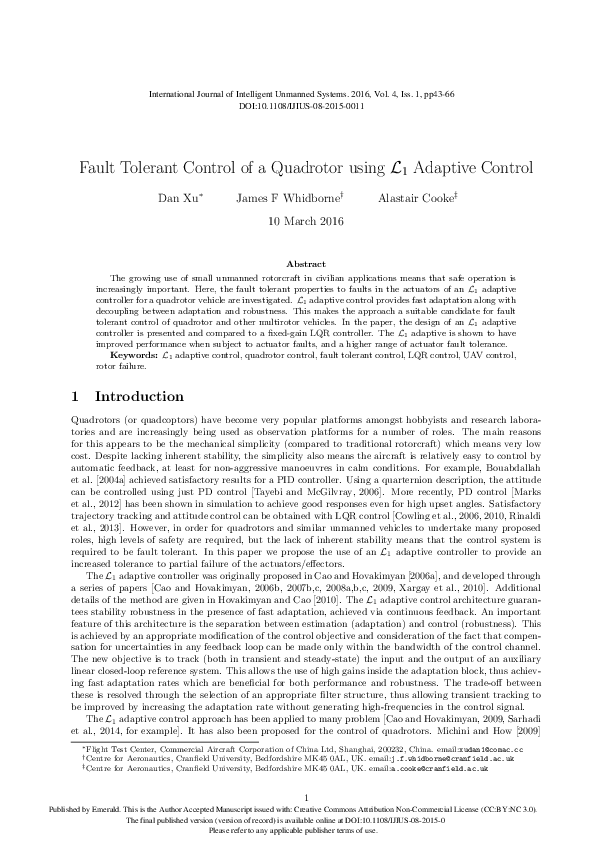 (PDF) Fault tolerant control of a quadrotor using C 1 adaptive control