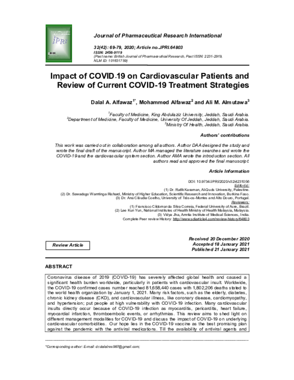 (PDF) Impact of COVID-19 on Cardiovascular Patients and Review of ...
