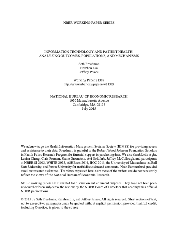 (PDF) Nber Working Paper Series Information Technology and Patient ...