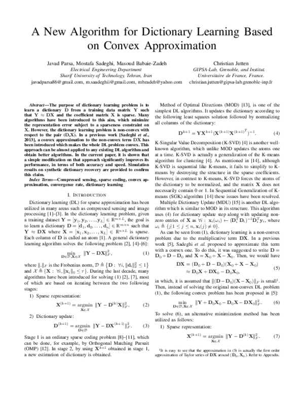 (PDF) A New Algorithm for Dictionary Learning Based on Convex Approximation