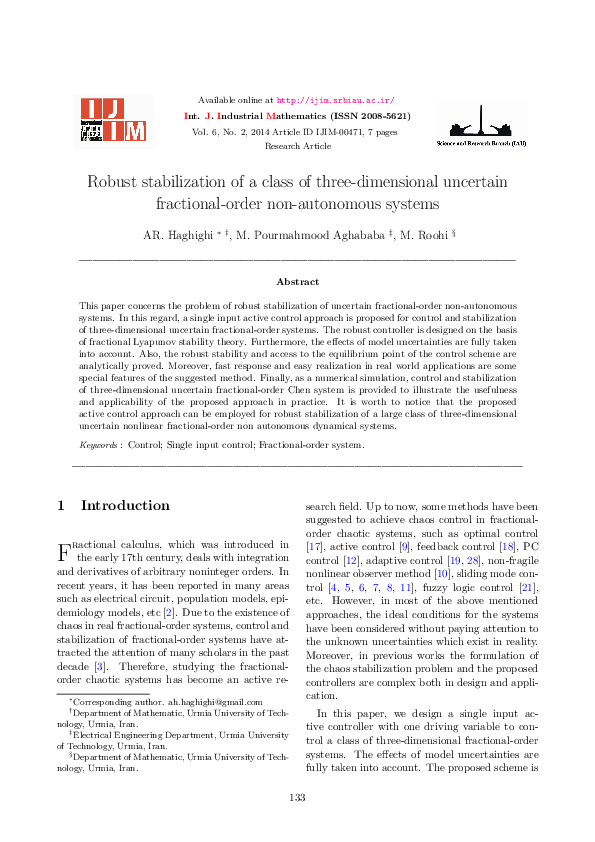 (PDF) Robust Stabilization of a Class of Three-Dimensional Uncertain ...