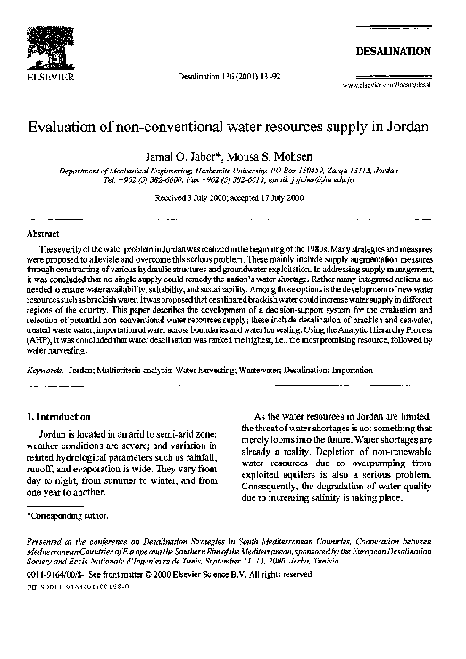 (PDF) Evaluation of non-conventional water resources supply in Jordan