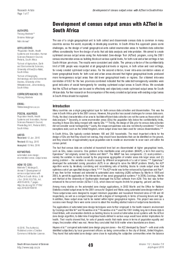 (PDF) Development of census output areas with AZTool in South Africa