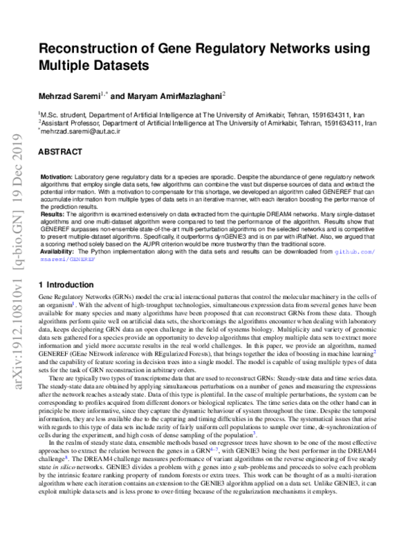 (PDF) Reconstruction of Gene Regulatory Networks usingMultiple Datasets