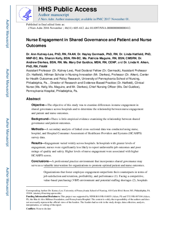 (PDF) Nurse Engagement in Shared Governance and Patient and Nurse Outcomes