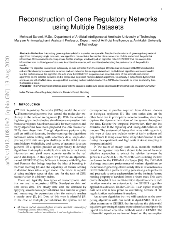 (PDF) Reconstruction of Gene Regulatory Networks usingMultiple Datasets