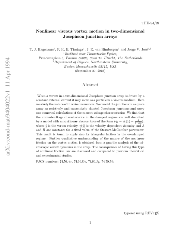 (PDF) Nonlinear viscous vortex motion in two-dimensional Josephson ...