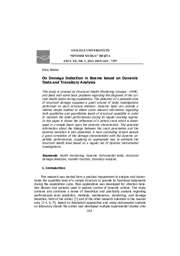 (PDF) On Damage Detection in Beams based on Dynamic Tests and ...
