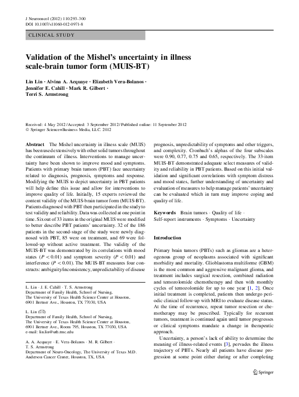(PDF) Validation of the Mishel’s uncertainty in illness scale-brain ...