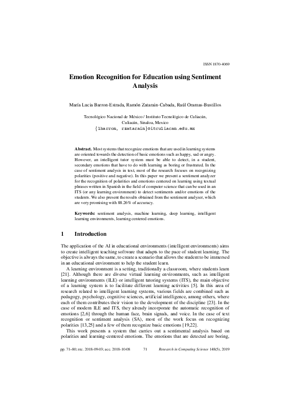 (PDF) Emotion Recognition for Education using Sentiment Analysis