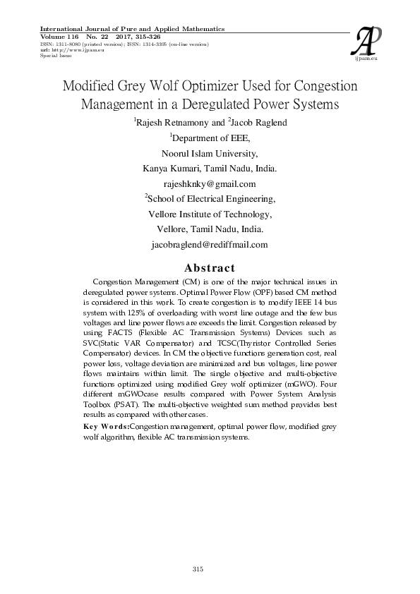 (PDF) Modified Grey Wolf Optimizer Used for Congestion Management in a ...