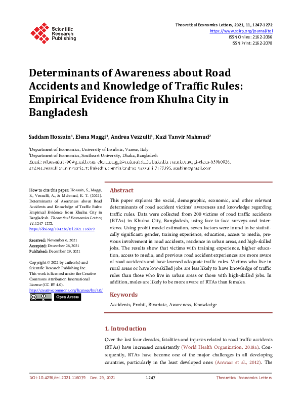 (PDF) Determinants of Awareness about Road Accidents and Knowledge of