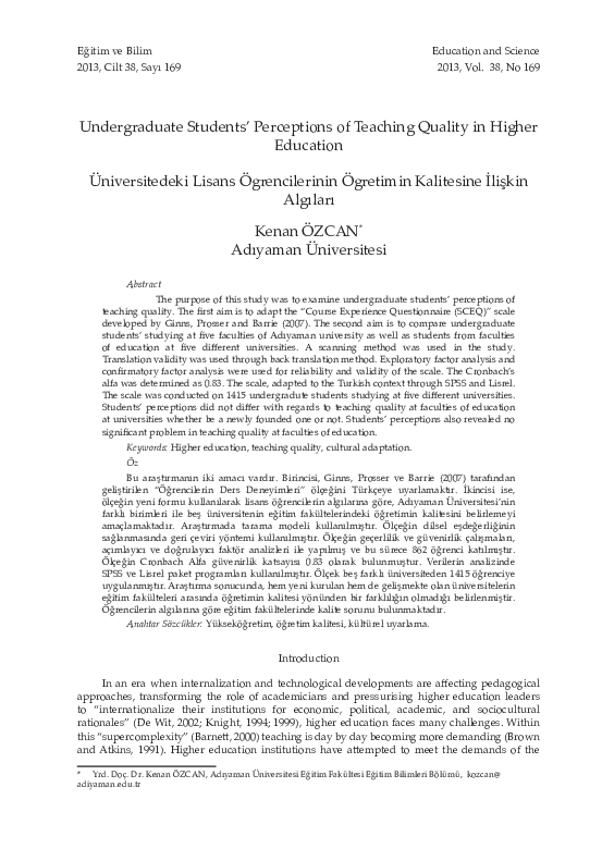 (PDF) Undergraduate Students' Perceptions of Teaching Quality in Higher