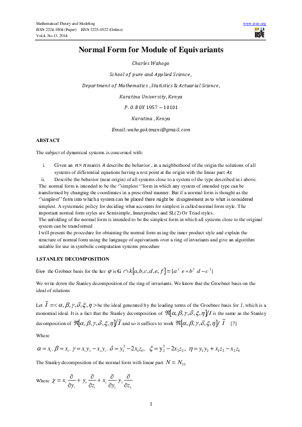 (PDF) Normal Form for Module of Equivariants