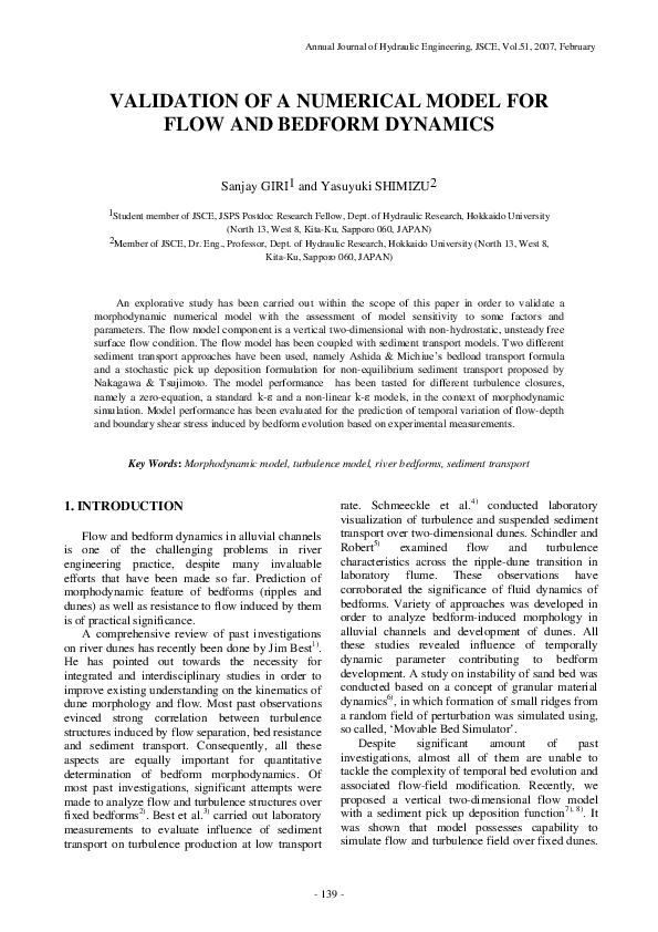 (PDF) Validation of a Numerical Model for Flow and Bedform Dynamics