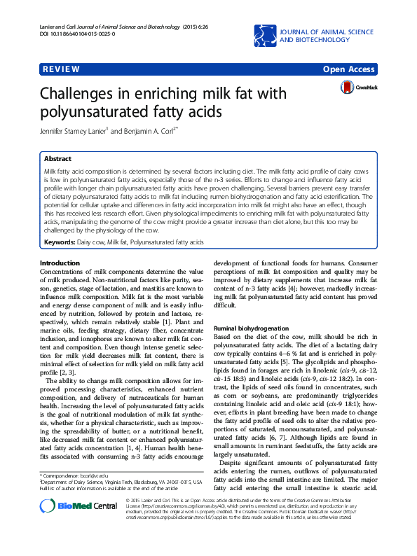 (PDF) Challenges in enriching milk fat with polyunsaturated fatty acids