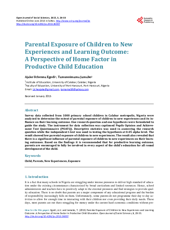 (PDF) Parental Exposure of Children to New Experiences and Learning ...