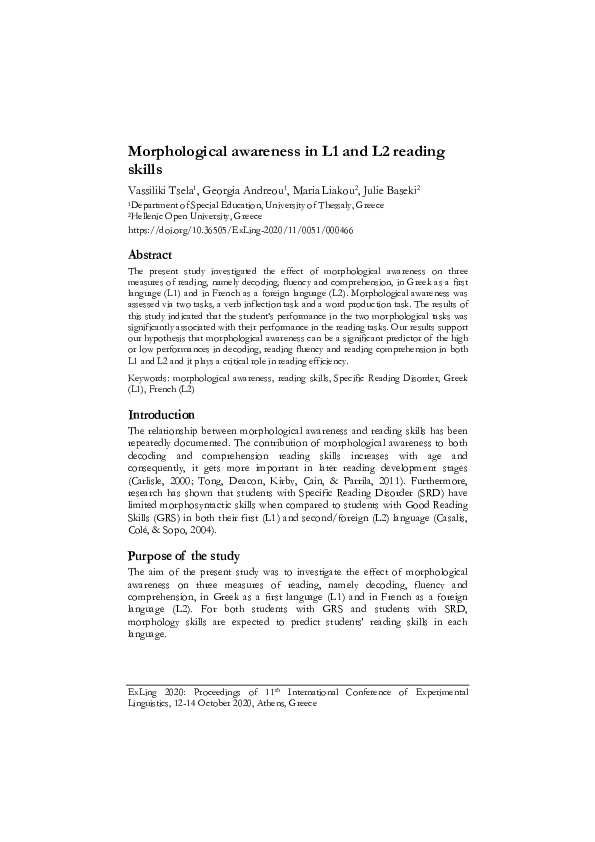 (PDF) Morphological awareness in L1 and L2 reading skills
