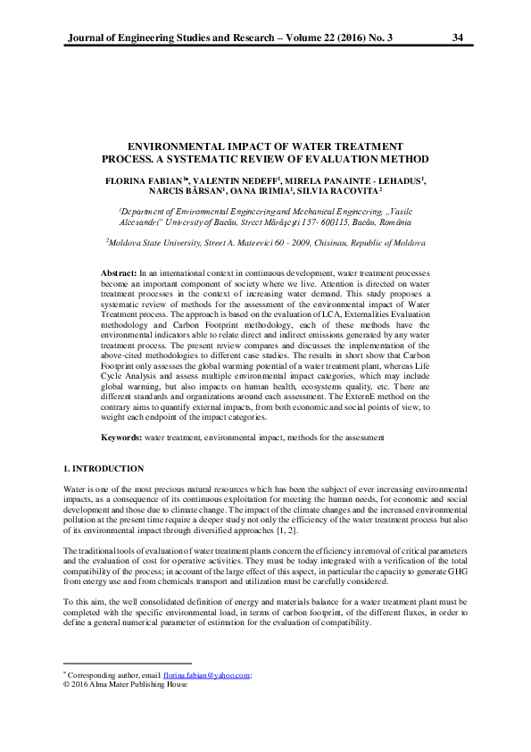 (PDF) Environmental Impact of Water Treatment Process. A Systematic