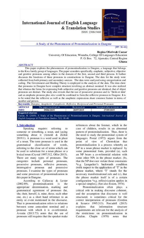 (PDF) A Study of the Phenomenon of Pronominalization in Dangme