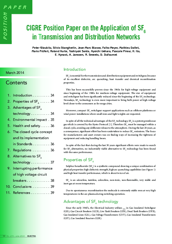 (PDF) CIGRE Position Paper on the Application of SF6 in Transmission ...