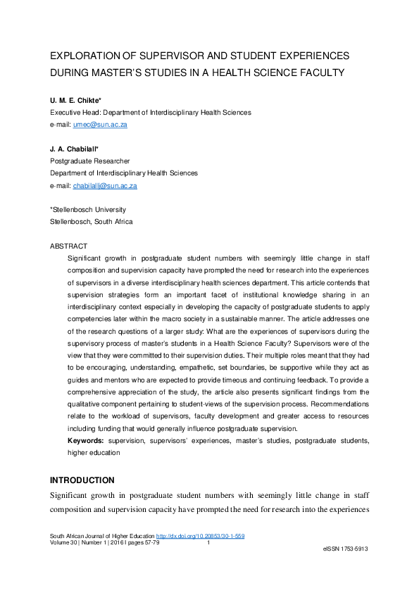 (PDF) Exploration of supervisor and student experiences during masters ...
