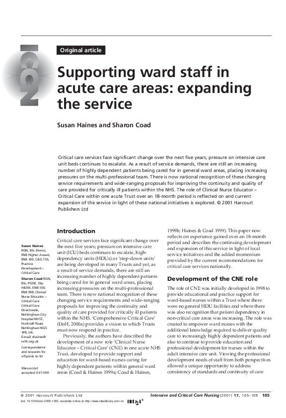 (PDF) Supporting ward staff in acute care areas: expanding the service
