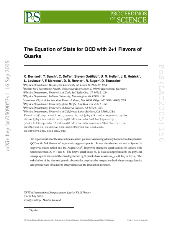 (PDF) 05 PoS(LAT2005)156 The Equation of State for QCD with 2+1 Flavors of