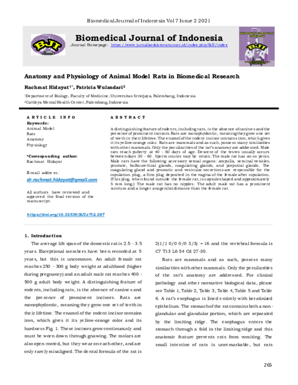 (PDF) Anatomy and Physiology of Animal Model Rats in Biomedical Research
