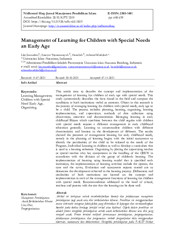(PDF) Management of Learning for Children with Special Needs an Early Age