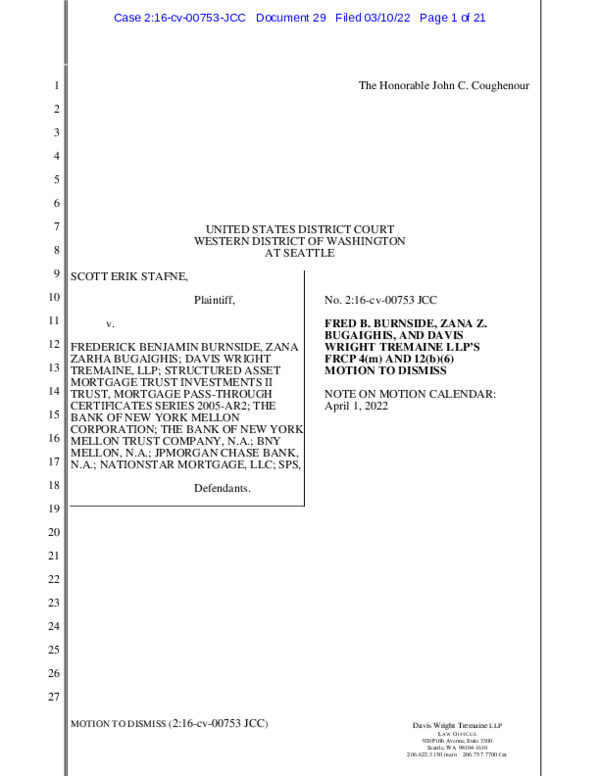 PDF) US District Court for Western District of Washington - Stafne v.  Burnside - Davis Wright Tremaine Defendants' Motion to Dismiss Stafne's  complaint Stafne v. Burnside | Scott Stafne - Academia.edu