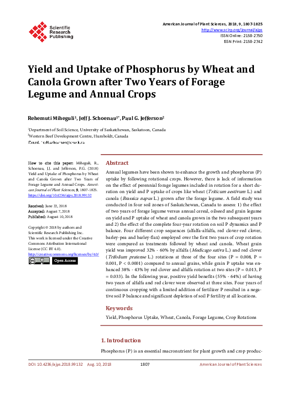 (PDF) Yield and Uptake of Phosphorus by Wheat and Canola Grown after ...