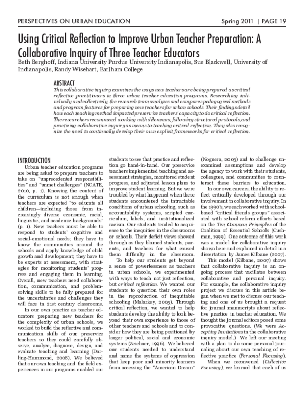 (PDF) Using Critical Reflection to Improve Urban Teacher Preparation: A ...