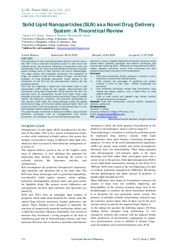 (PDF) Solid Lipid Nanoparticles (SLN) as a Novel Drug Delivery System ...