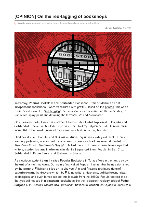 (PDF) On the red-tagging of bookshops (Rappler, March 2022)