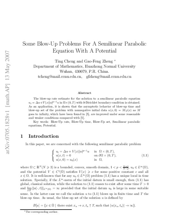 (PDF) Some Blow-Up Problems for a Semilinear Parabolic Equation with a ...