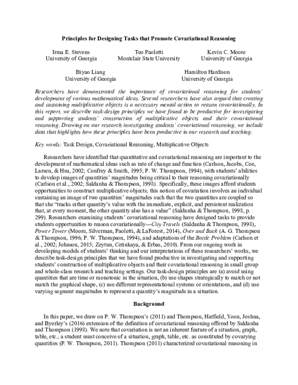 (PDF) Principles for Designing Tasks that Promote Covariational Reasoning