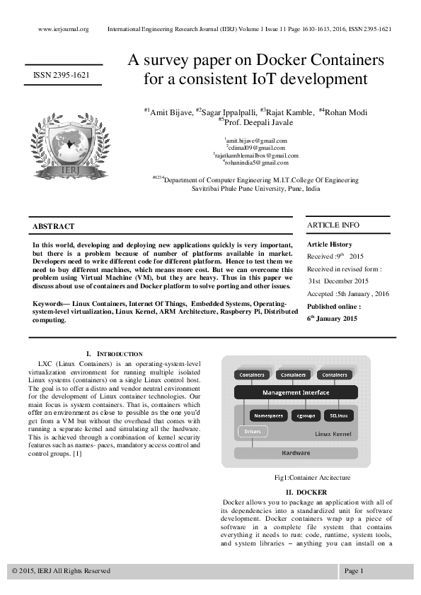 (PDF) A survey paper on Docker Containers for a consistent IoT development
