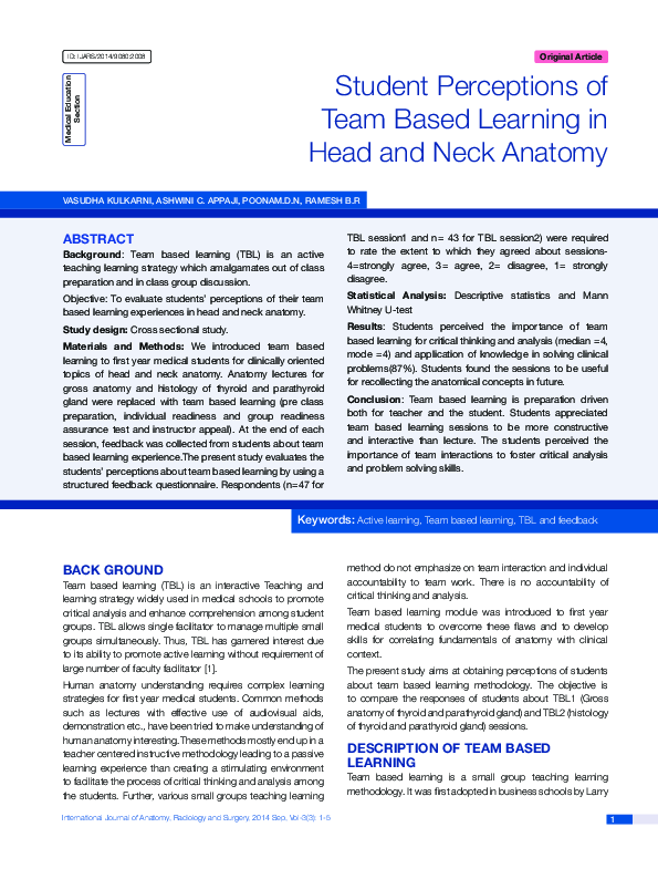 (PDF) Student Perceptions of Team Based Learning in Head and Neck Anatomy