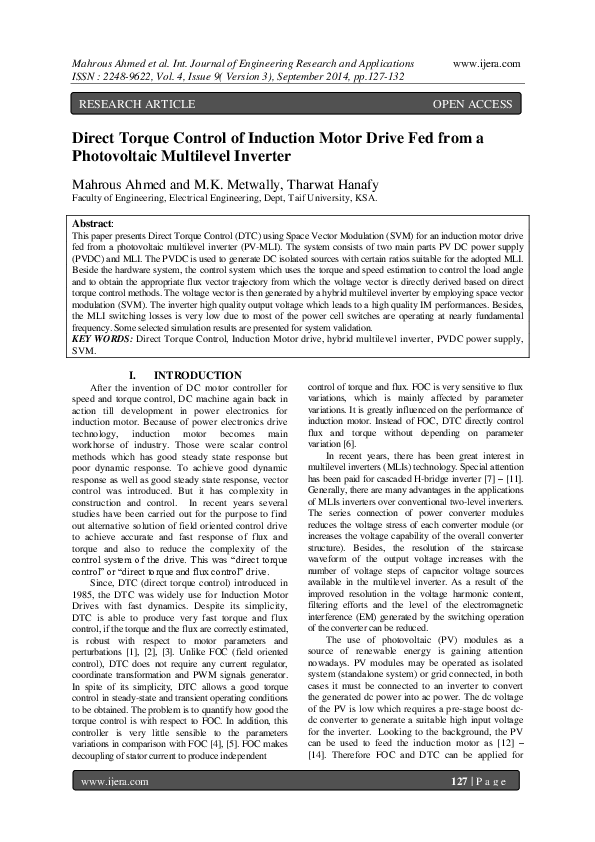 (PDF) Direct Torque Control of Induction Motor Drive Fed from a ...
