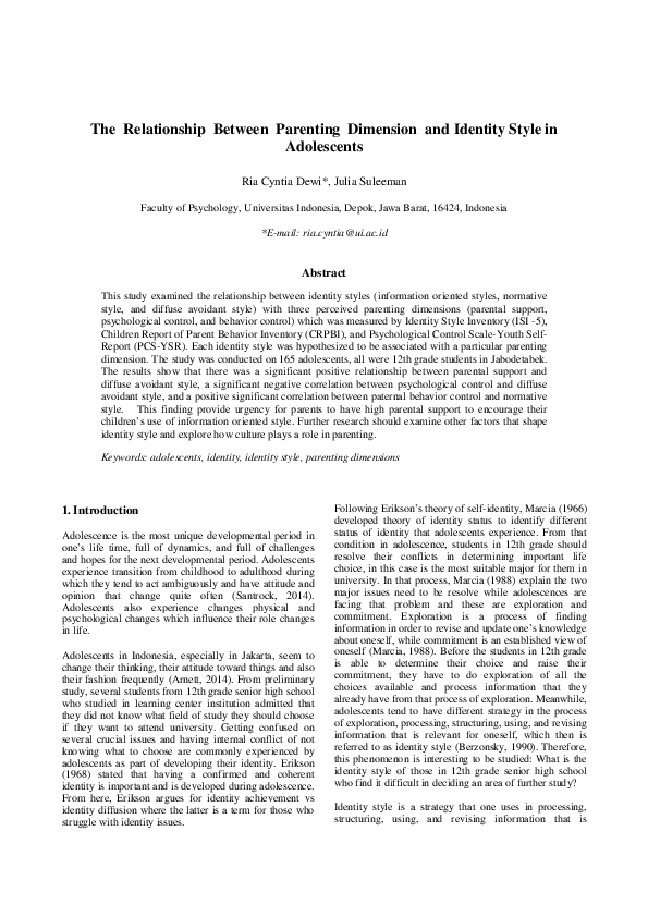 (PDF) The Relationship Between Parenting Dimension and Identity Style ...