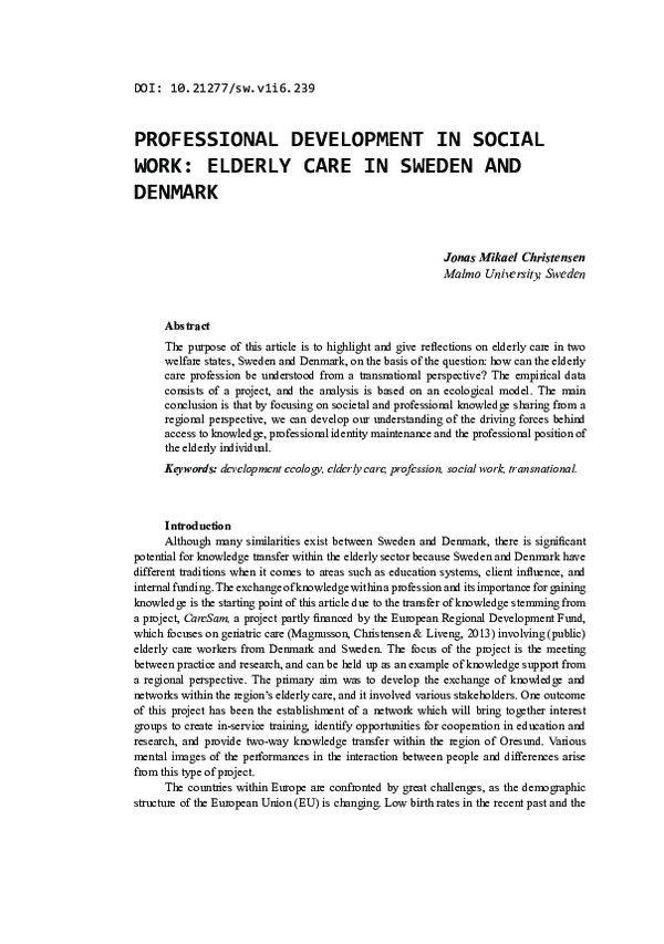 (PDF) Professional Development in Social Work Elderly Care in Sweden