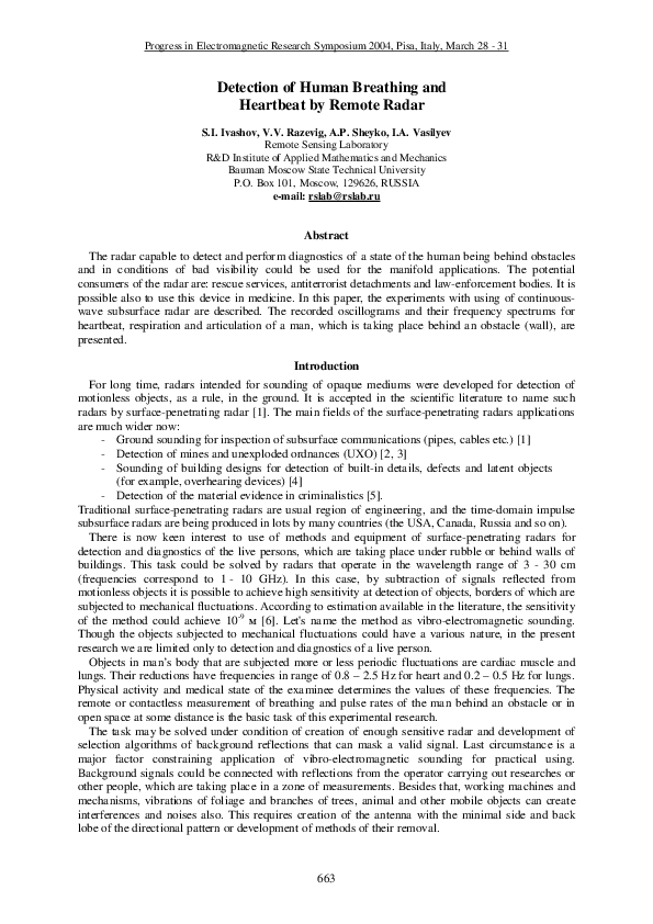 (PDF) Detection of Human Breathing and Heartbeat by Remote Radar
