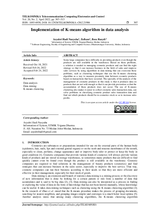 (PDF) Implementation of K-means algorithm in data analysis